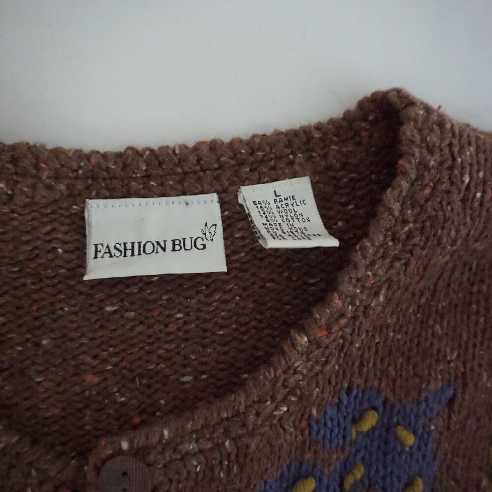 Vintage Fashion Bug Brown Autumn Fall Leaf Embroidered Button Knit Cardigan L - Picture 9 of 9